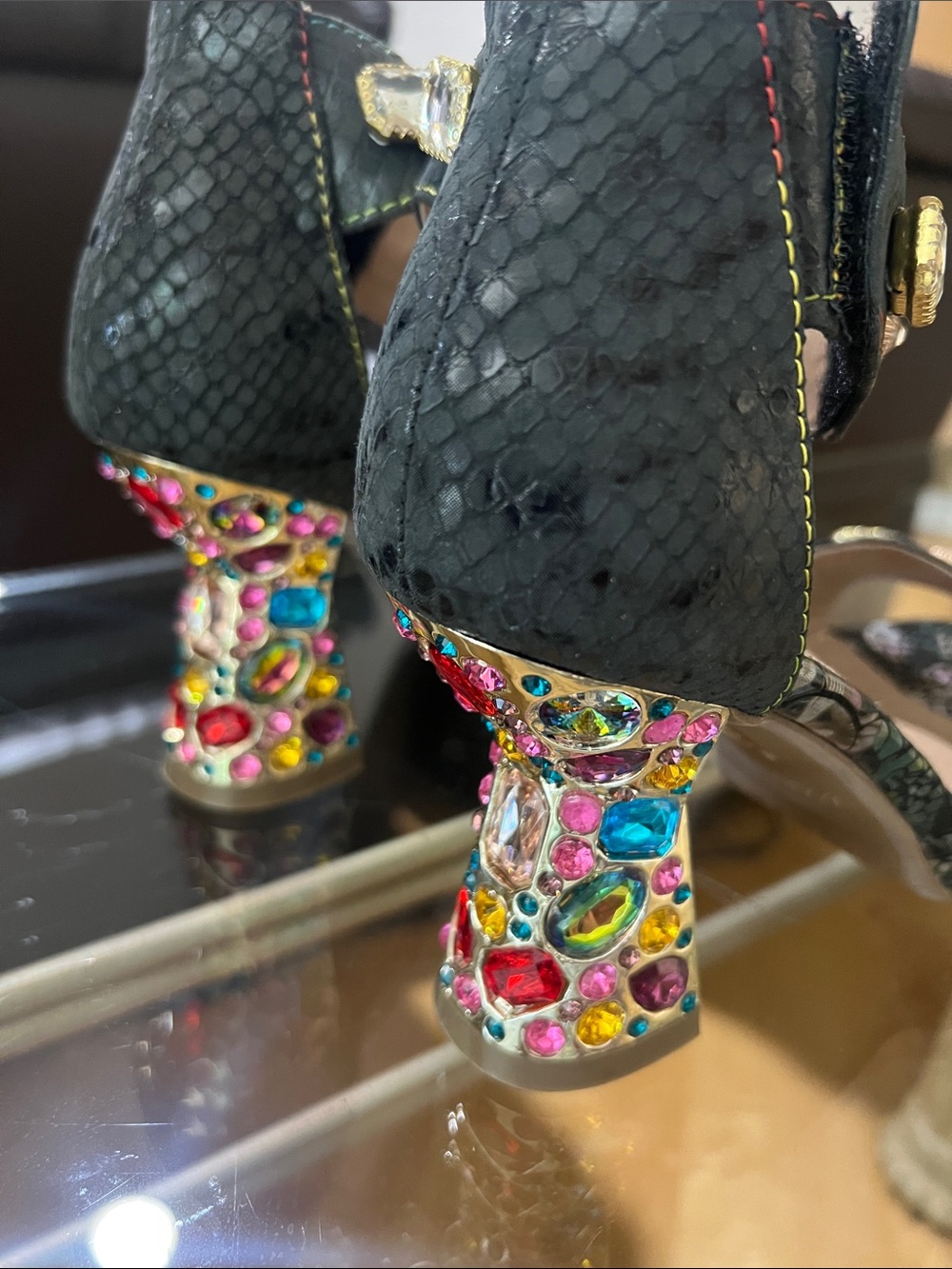 L'ATISTE Black Jeweled Ankle-Strap Heels